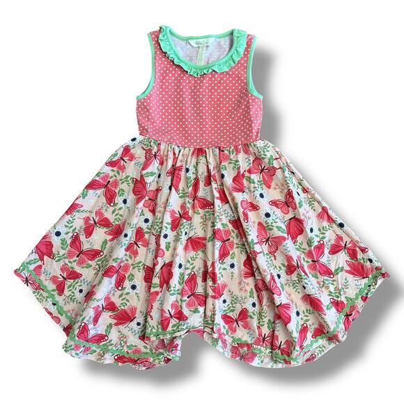 Matilda Jane Girls Dress Size 6 Pink Polka Dot Butterfly Twirl Play Dress Ruffle - Picture 1 of 7